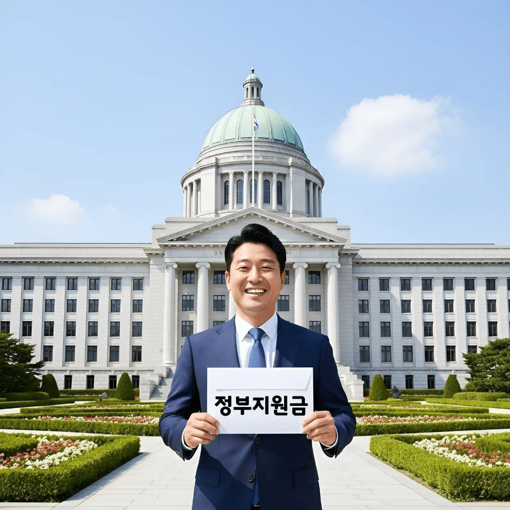 2026년 소상공인 정책자금 안내를 위해 정부지원금 서류를 들고 웃고 있는 남성 모델