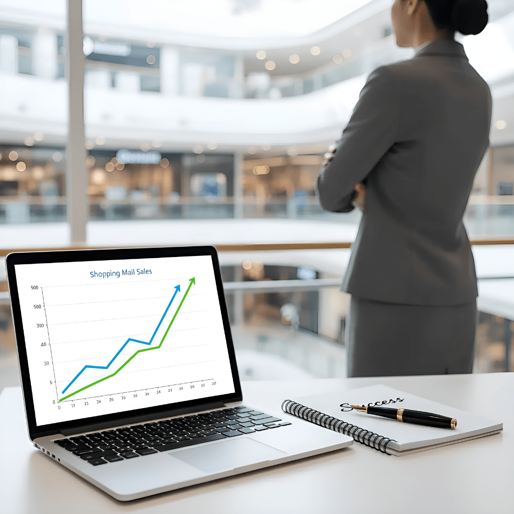 2026 여성기업 지원사업 안내를 위해 매출 상승 그래프가 그려진 노트북과 당당하게 서 있는 여성 기업가